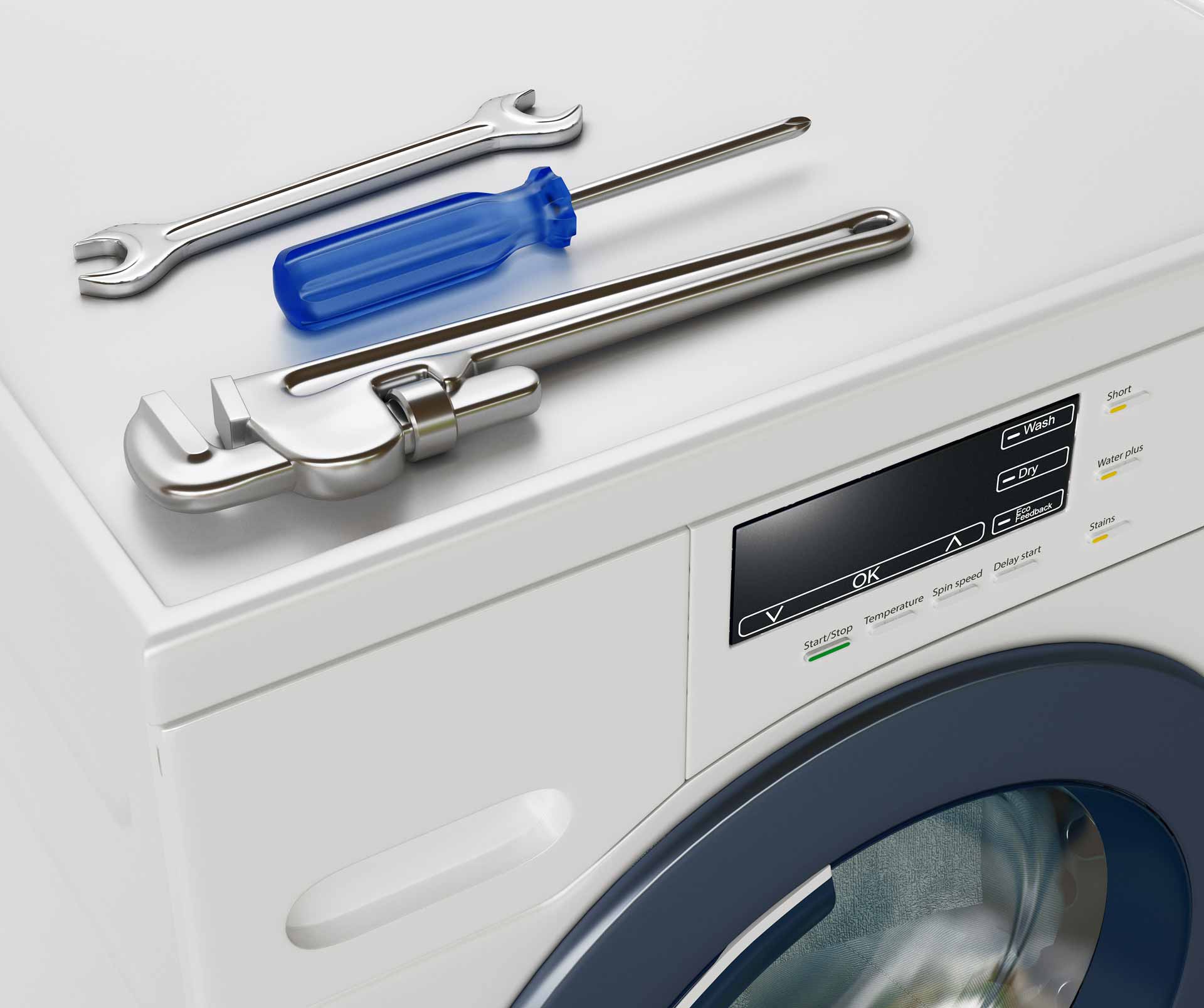 Two wrenches and a screwdriver resting on top of a washer/dryer