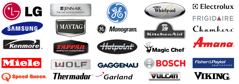 A collection of appliance repair logos including LG, Jenn-Air, GE, Whirlpool, Electrolux, Frigidaire, Samsung, Maytag, GE Monogram, KitchenAid, Chambers, Kenmore, Tappan, Hotpoint, Magic Chef, Amana, Miele, Wolf, Gaggenau, Bosch, Fisher & Paykel, Speed Queen, Thermador, Garland, Vulcan, and Viking.