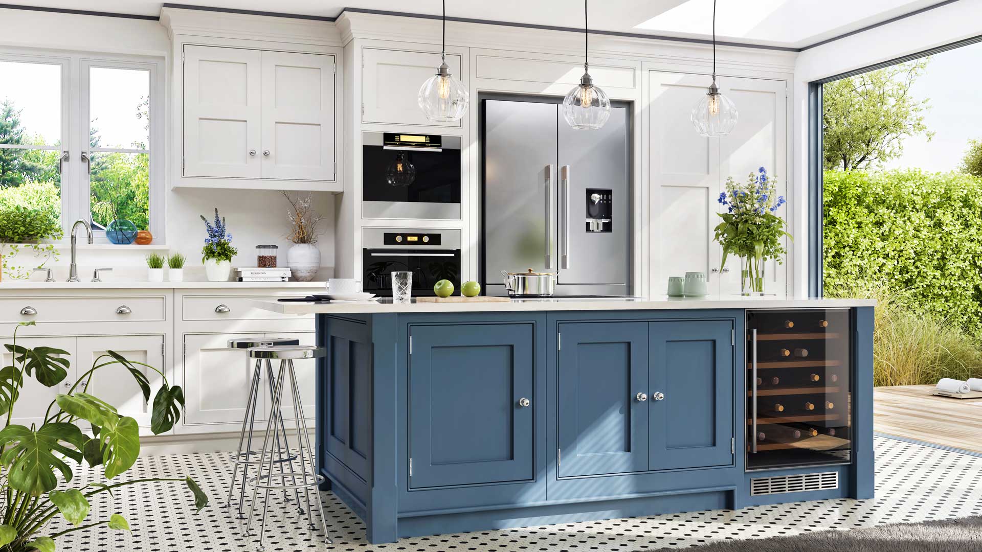 A kitchen with blue cabinets and a stainless steel refrigerator